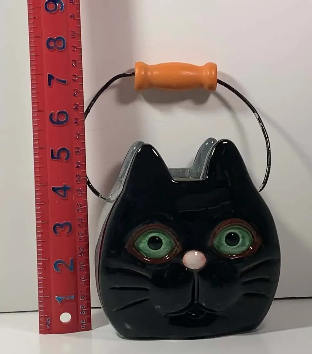 Black Cat Green Eyes  Halloween ceramic planter basket/vase decor